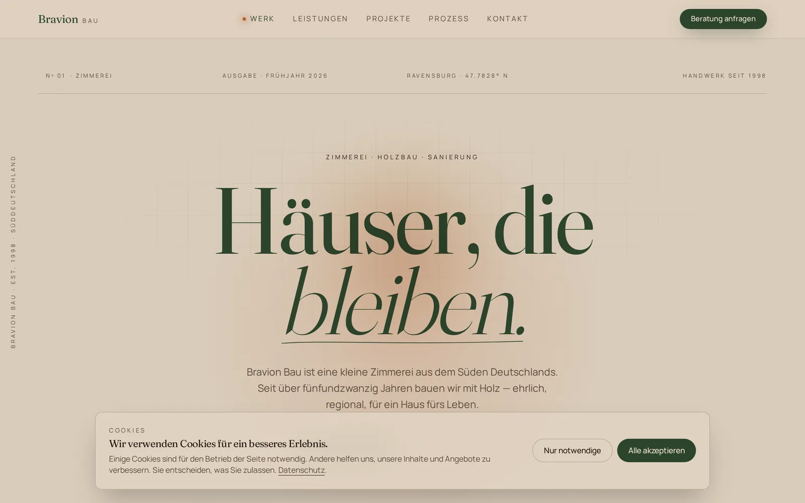 Von Atlano Studio gestaltete Website für die Zimmerei Bravion