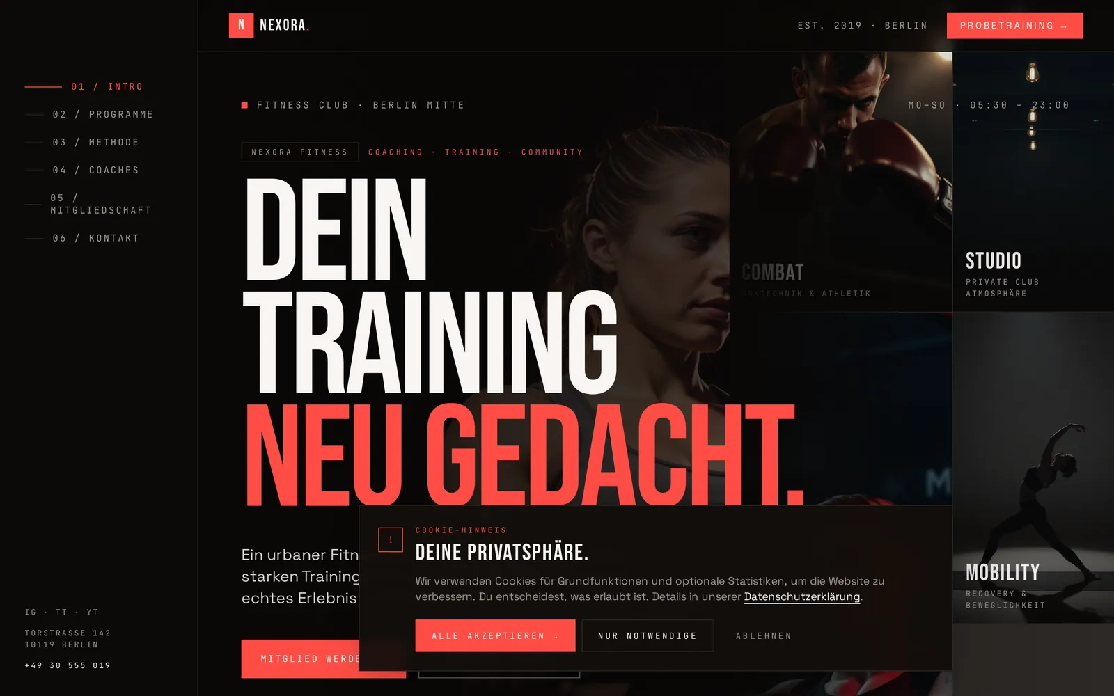 Desktop-Ansicht der Website Fitness Studio von Atlano Studio